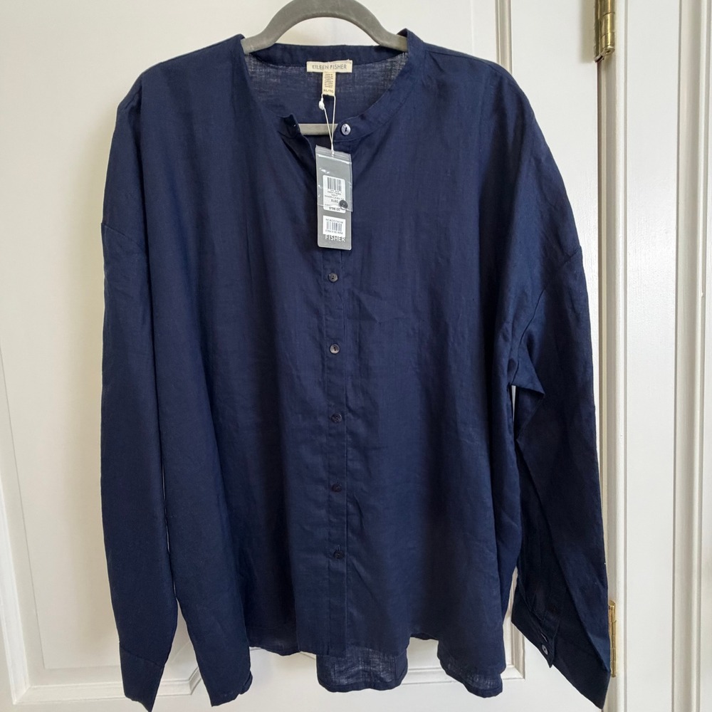 Eileen Fisher Mandarin Collar Box-Top Women XL Midnight Blue Linen